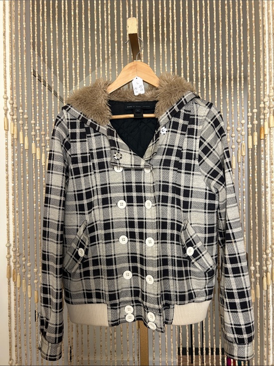 Marc By Marc Jacobs Jackets & Blazers - Marc by Marc Jacobs Plaid Coat with Faux Fur Hood Size L
